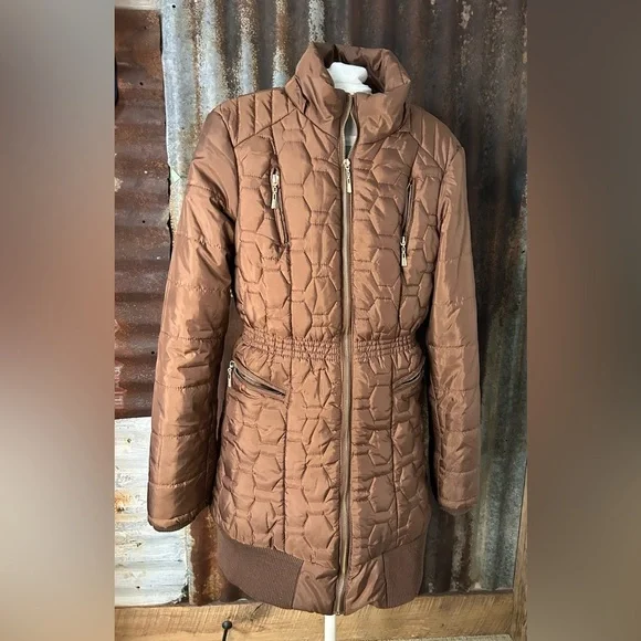 Daisy Quilted Puffer Coat Brown Zip Front Long Jacket- size small - Picture 8 of 8